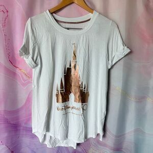Walt Disney World M 50 Years White Shirt Rose Gold Metallic Cinderella's Castle